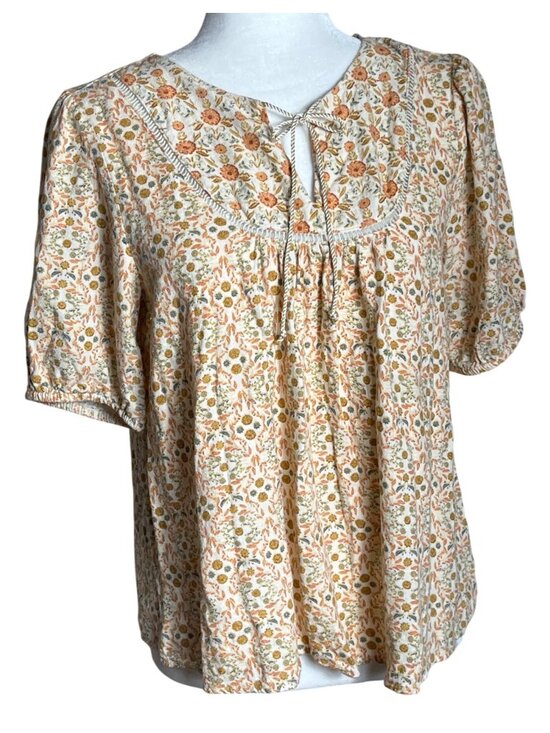 Wonderly Tops - Wonderly Ditsy Floral Top Linen Orange Boho Puff Sleeve Peasant Prairie Wom M